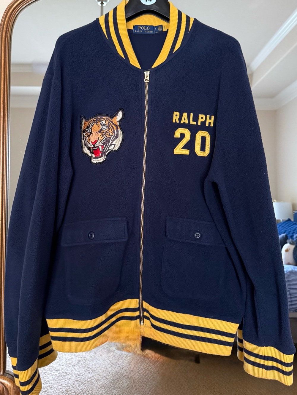Ralph Lauren Navy Zip Jacket with Yellow Varsity Stripes & Tiger Patch
